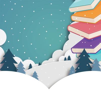 Wintery background with colorful books stacked on the right